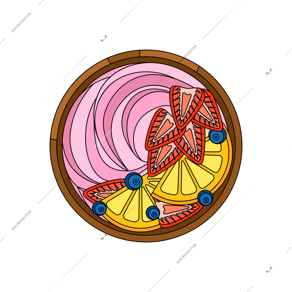 Coloring breakfast with bowl of yogurt lemon berries flat vector illustration