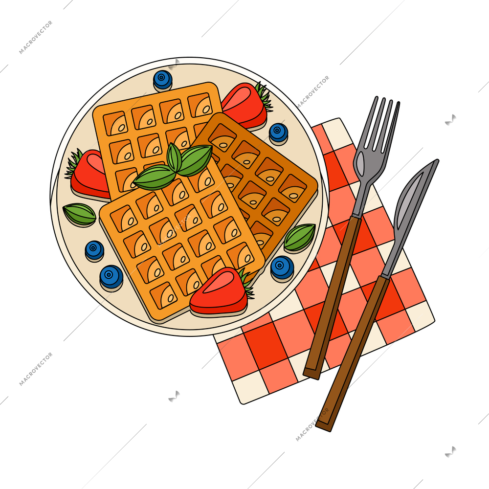 Plate with berry waffles for breakfast fork knife napkin flat vector illustration