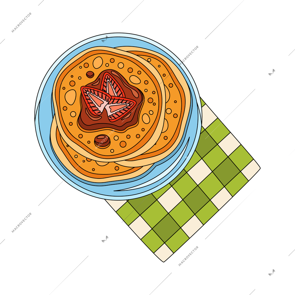 Plate of pancakes with jam for breakfast flat vector illustration