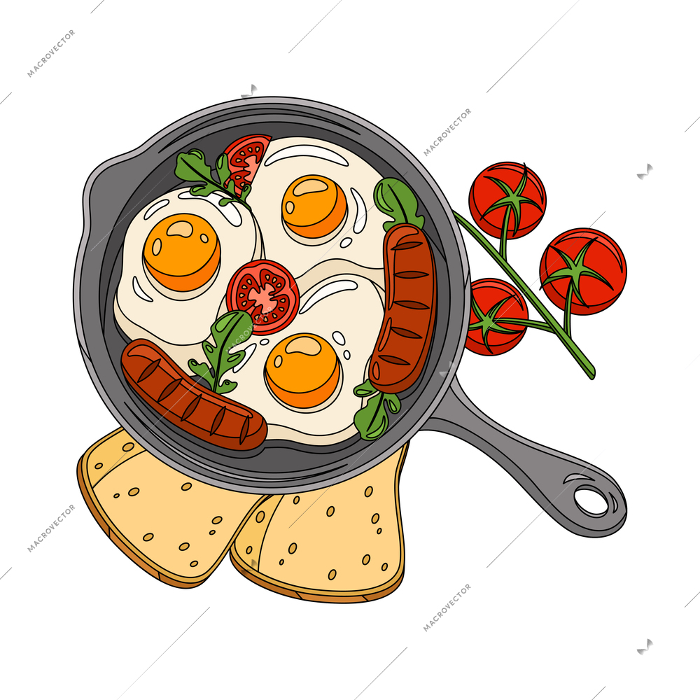 Coloring breakfast with fried eggs sausages bread tomatoes herbs flat vector illustration