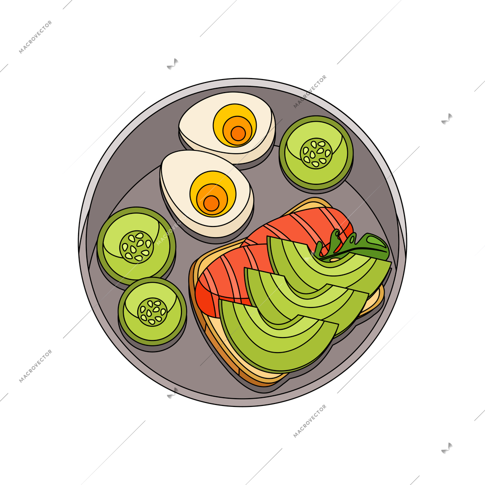 Healthy breakfast sandwich with salmon avocado eggs cucumber herbs flat vector illustration