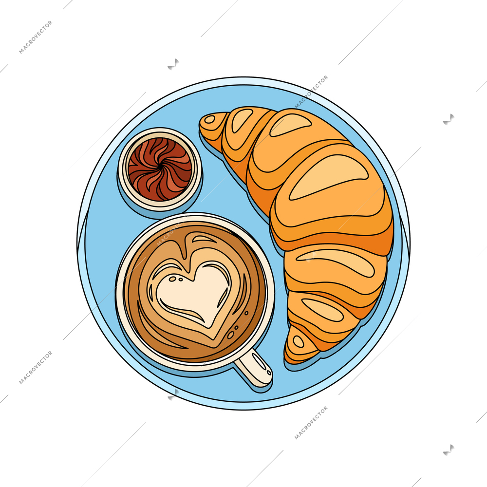 Served breakfast with croissant chocolate and cup of cappuccino flat vector illustration