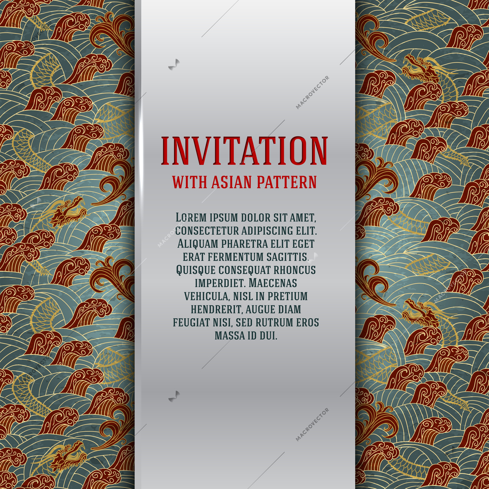 Asian invitation card with dragons and waves vector illustration