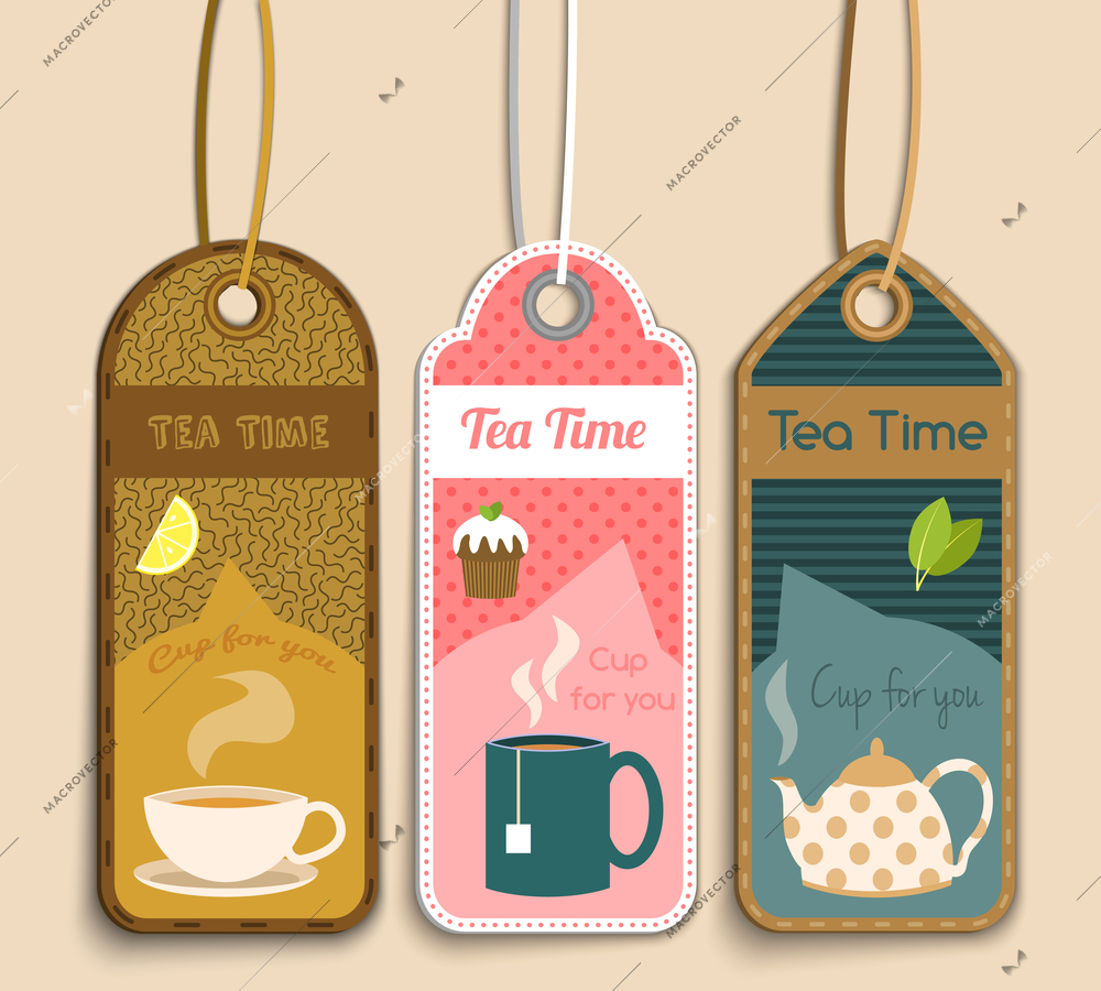 Tea time labels set with cup sugar cake isolated vector illustration