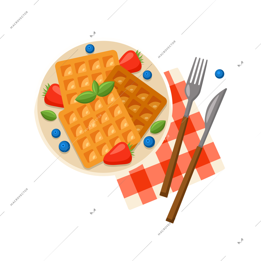 Waffles served with berries napkin cutlery for breakfast on white background flat vector illustration