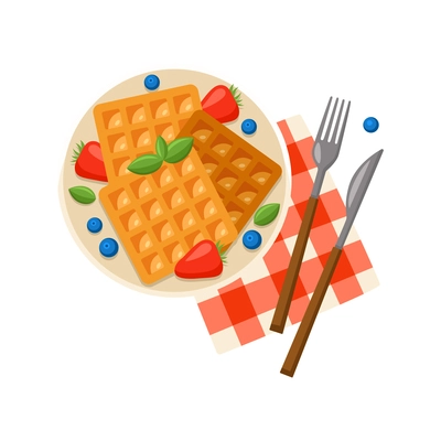 Waffles served with berries napkin cutlery for breakfast on white background flat vector illustration