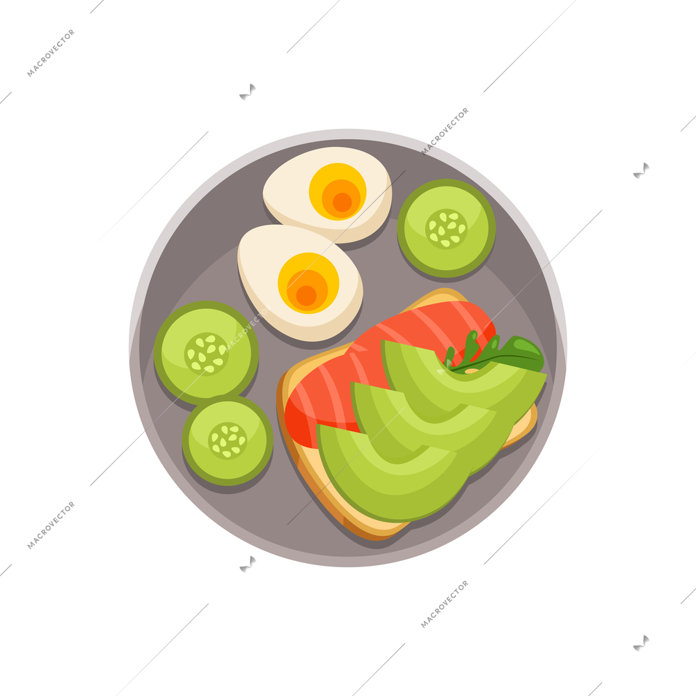 Nutritious breakfast with salmon sandwich avocado egg on grey plate flat vector illustration