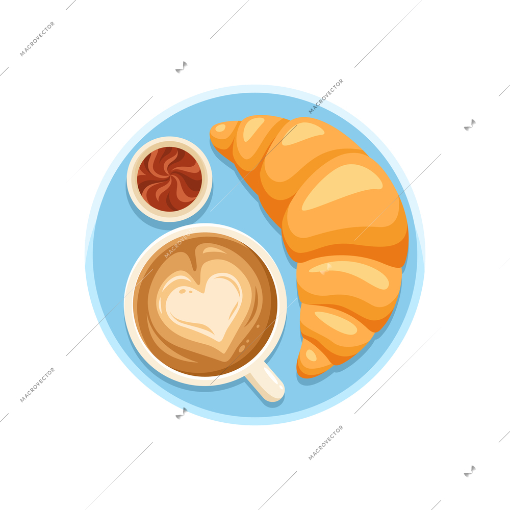 Flat sweet croissant and cappuccino for breakfast vector illustration