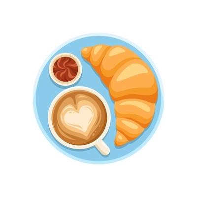 Flat sweet croissant and cappuccino for breakfast vector illustration