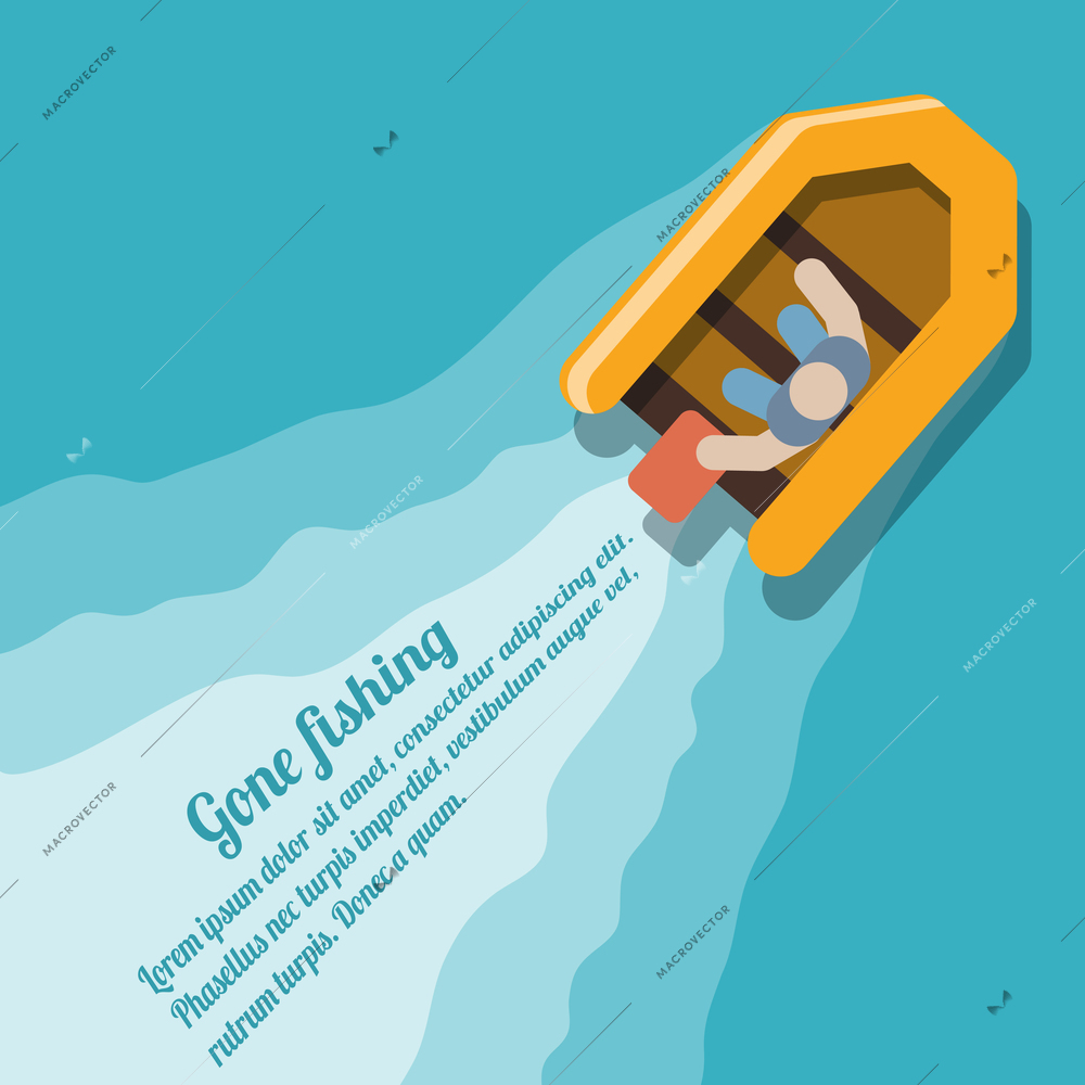 Fishing poster with top view person in rubber boat vector illustration