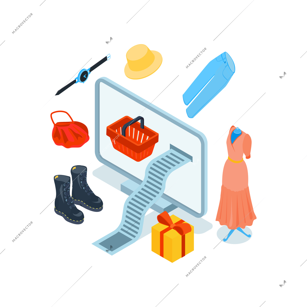 Isometric online shopping concept with 3d computer and goods on white background isolated vector illustration