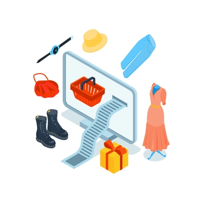 Isometric online shopping concept with 3d computer and goods on white background isolated vector illustration