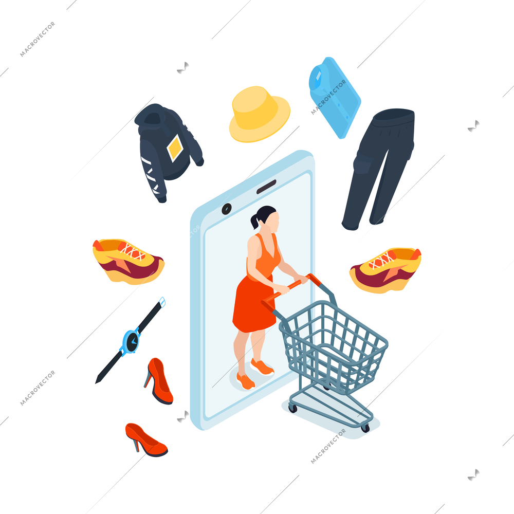 Online shopping isometric concept with device clothes shoes and accessories items 3d isolated vector illustration