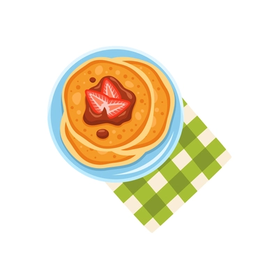 Strawberry pancakes on blue plate for breakfast flat vector illustration