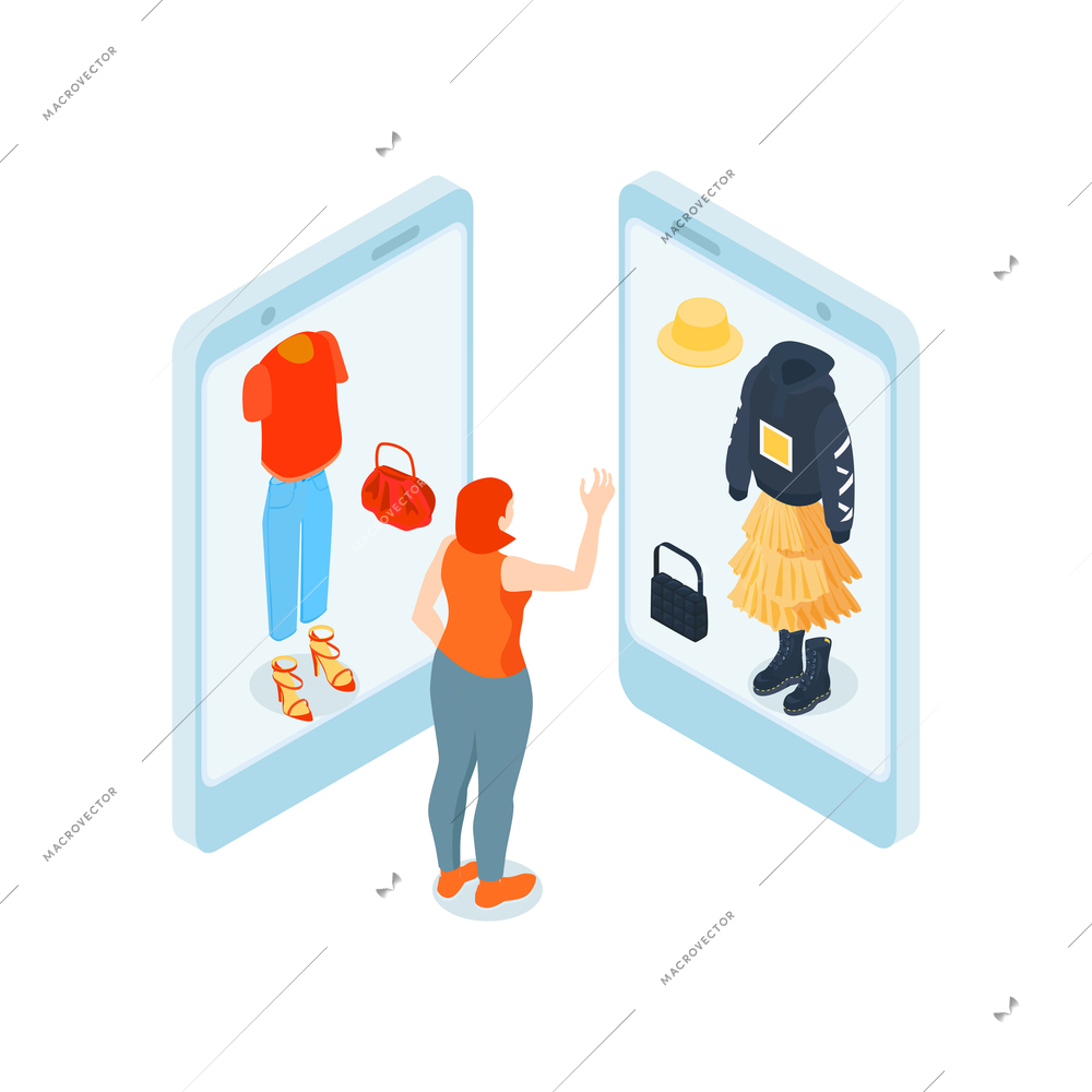 Isometric concept with woman doing online shopping vector illustration