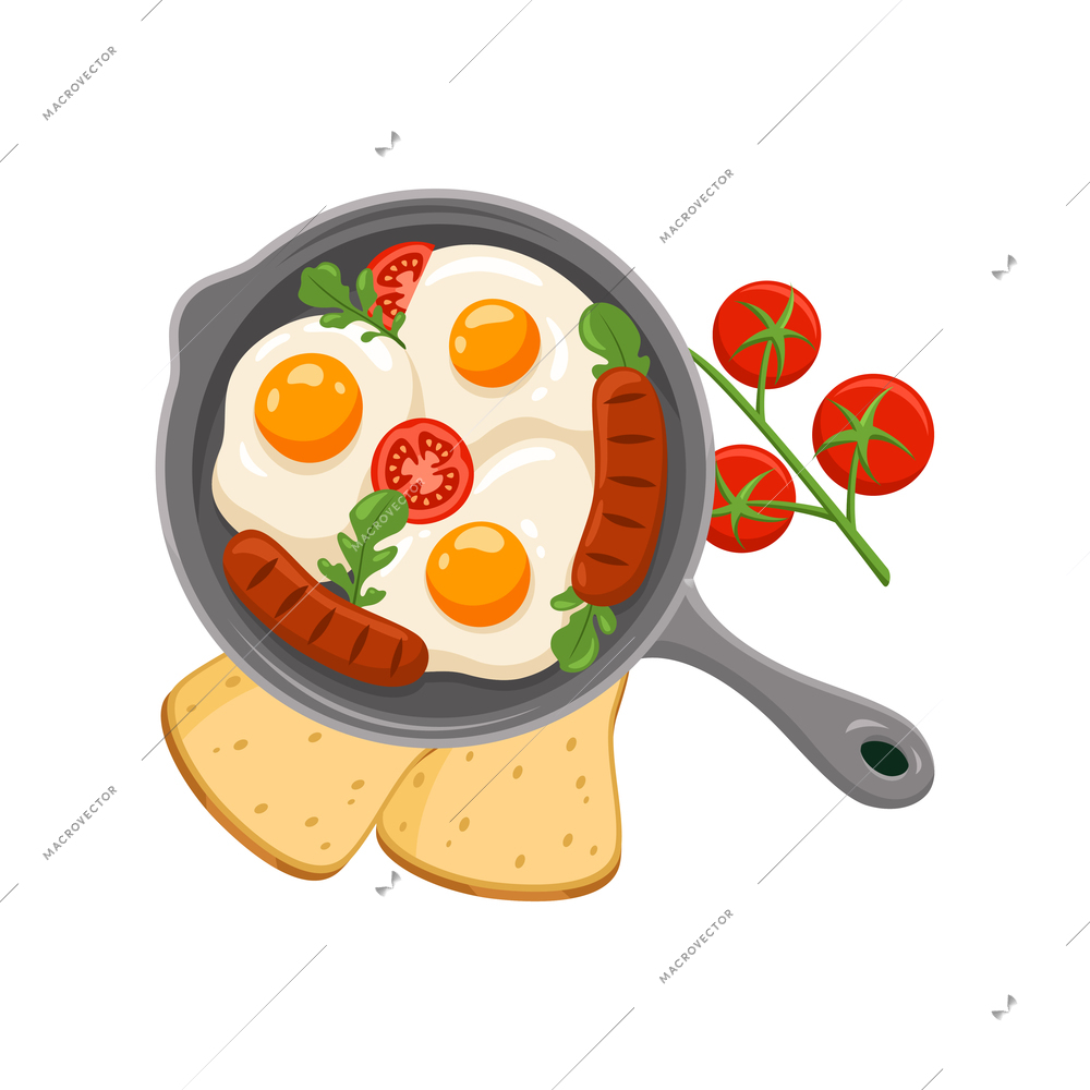 Breakfast with scrambled eggs sausages tomatoes slices of bread flat vector illustration
