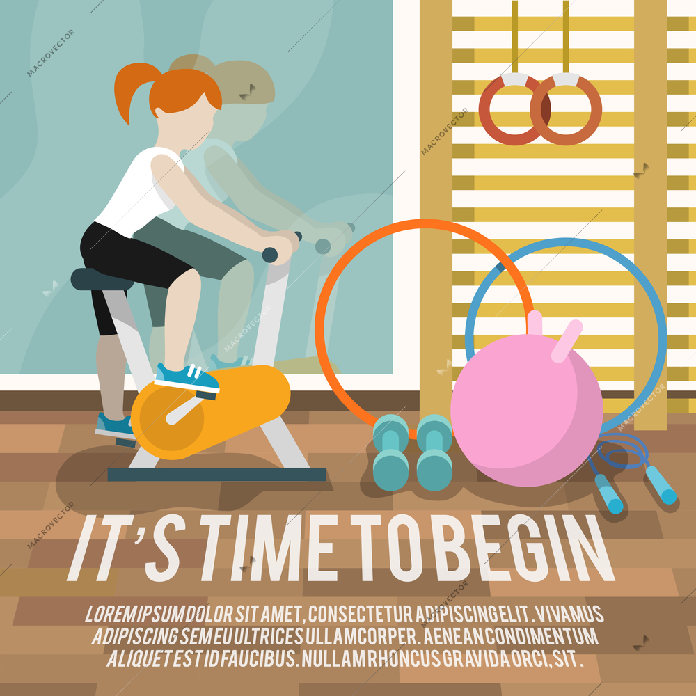 Woman on cycling machine in gymnasium fitness lifestyle time to begin poster vector illustration