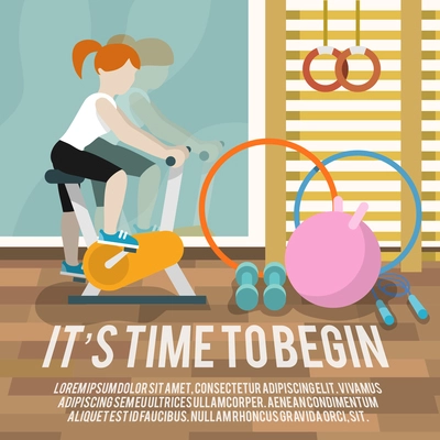 Woman on cycling machine in gymnasium fitness lifestyle time to begin poster vector illustration