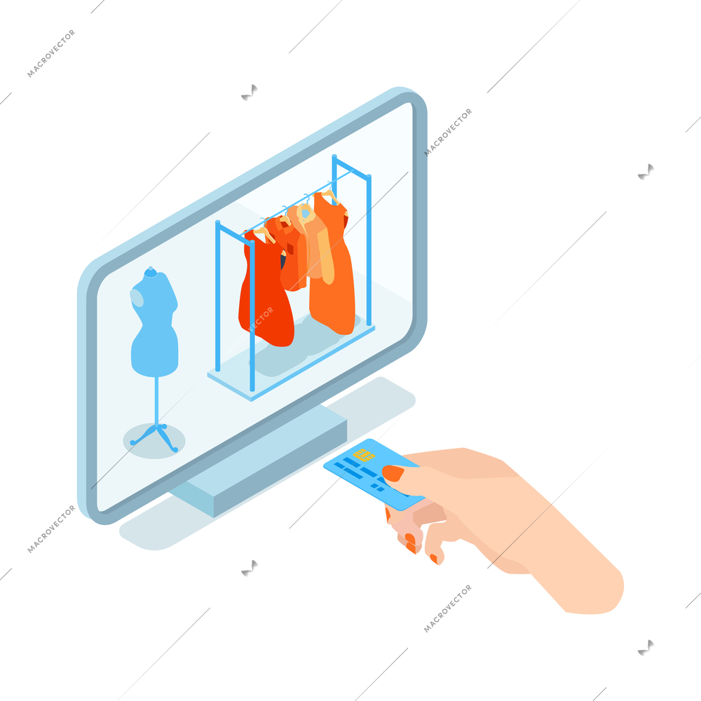 Online shopping concept with computer and female hand holding card isometric vector illustration