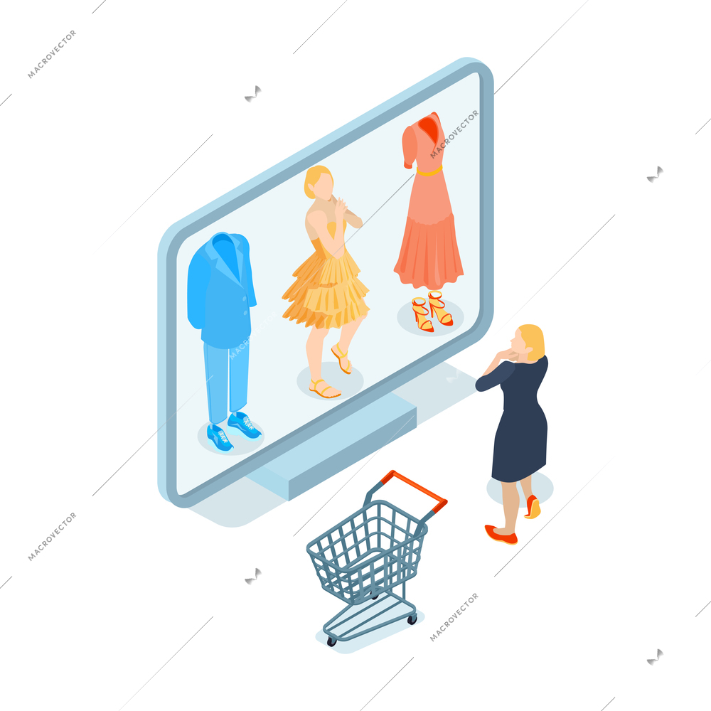 Shopping isometric concept with woman choosing clothes online 3d vector illustration