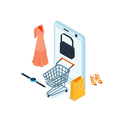 Isometric online shopping design concept with smartphone cart and clothing items vector illustration