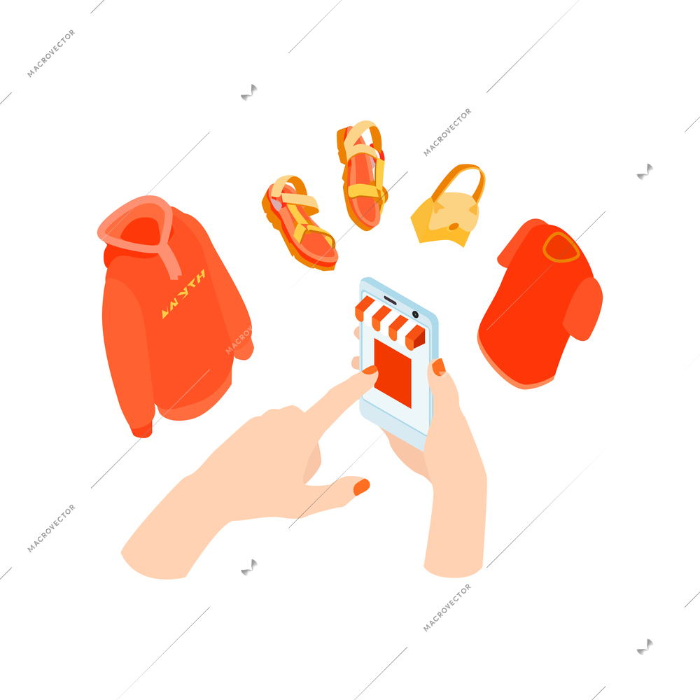 Online shopping isometric concept with 3d icons of fashion goods female hands holding smartphone isolated vector illustration