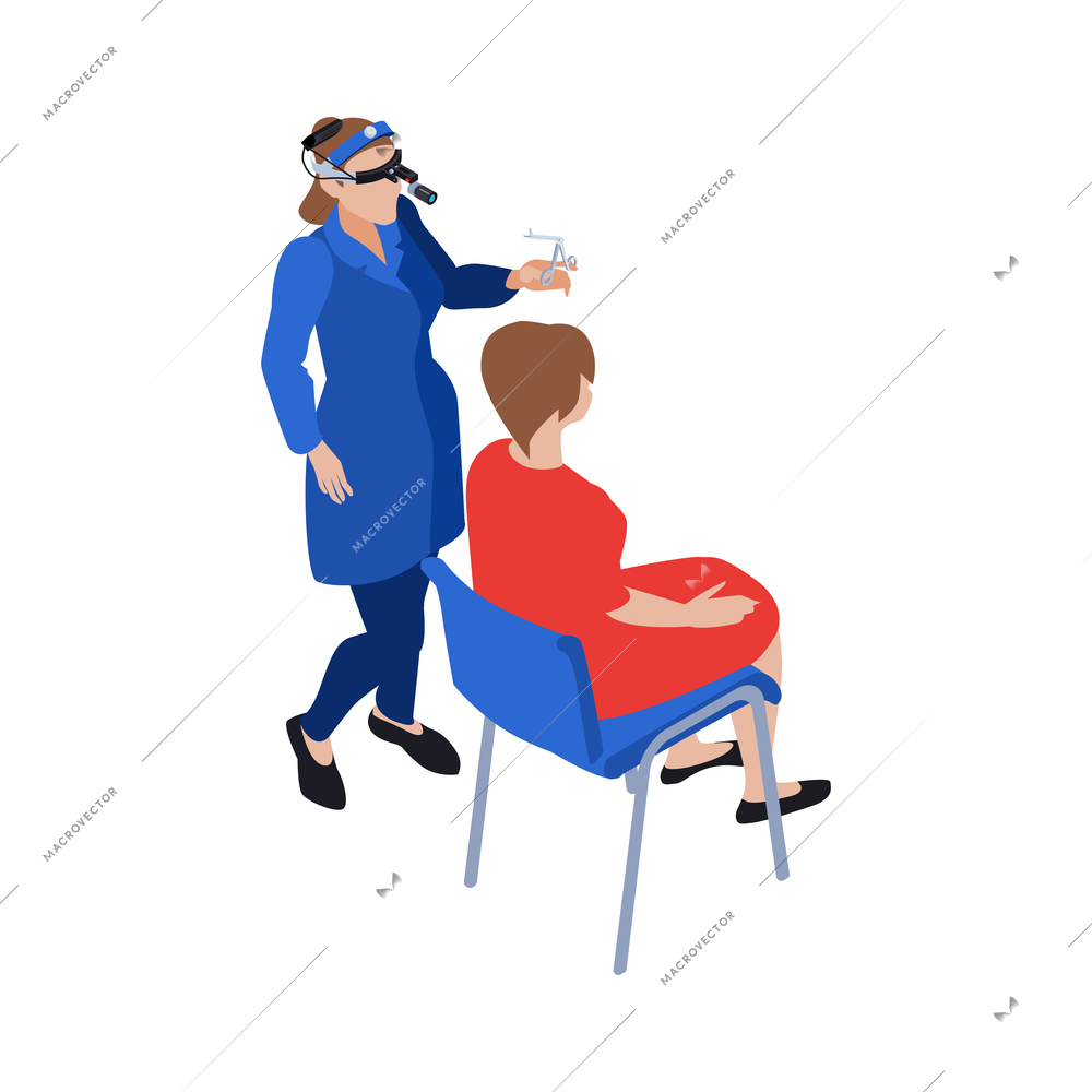 ENT doctor examination icon with two human characters on white background 3d isometric vector illustration