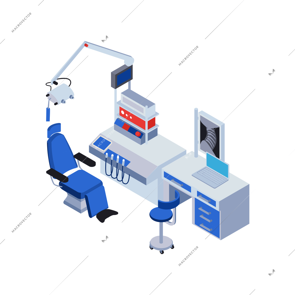 Isometric ent doctor equipment on white background 3d vector illustration