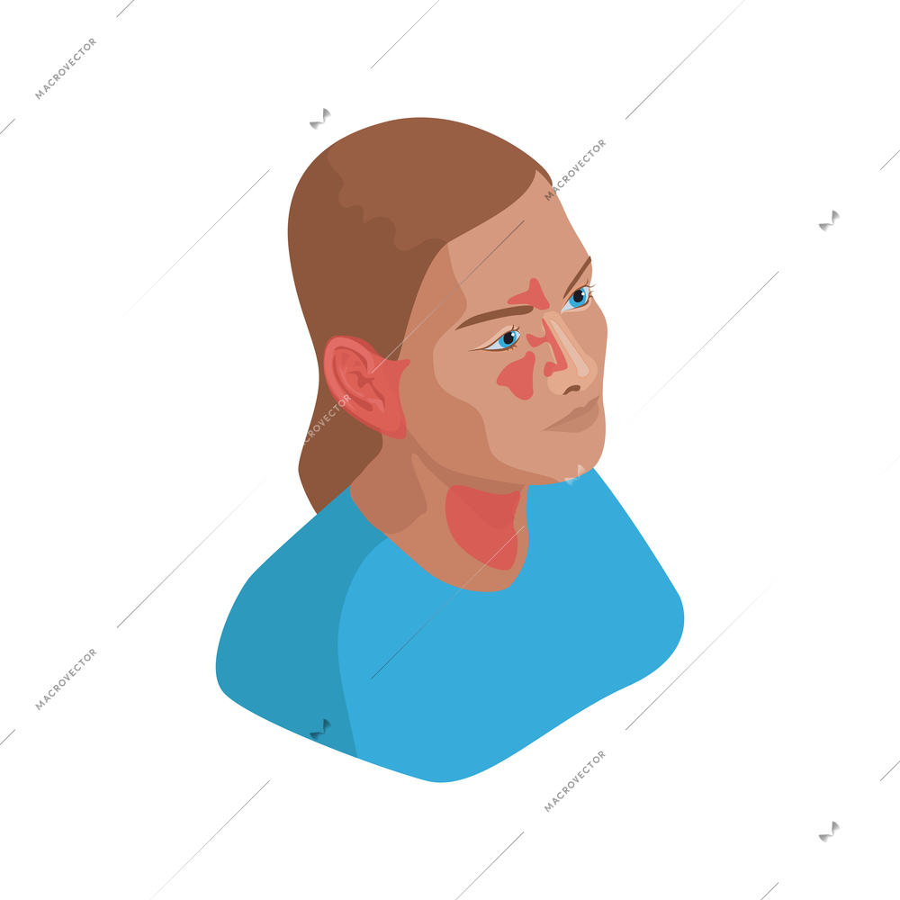 Otolaryngology isometric icon with ear nose and throat diseases shown on human head vector illustration