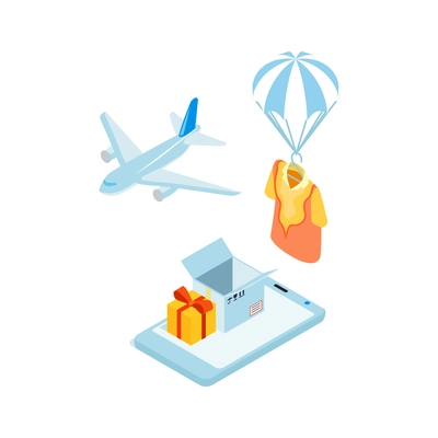 Online shopping concept with 3d images of plane smartphone boxes vector illustration