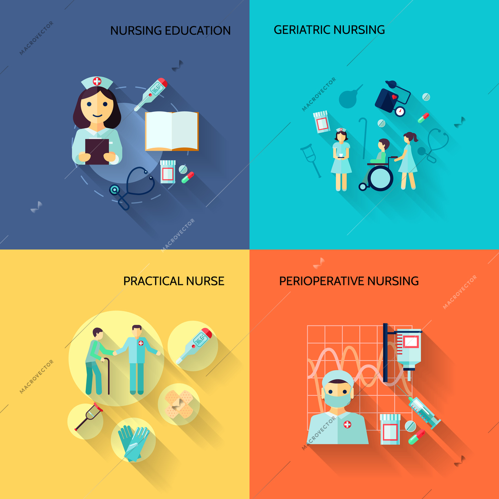 Nurse education geriatric practical medical service flat icons set isolated vector illustration