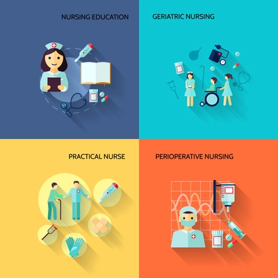 Nurse education geriatric practical medical service flat icons set isolated vector illustration