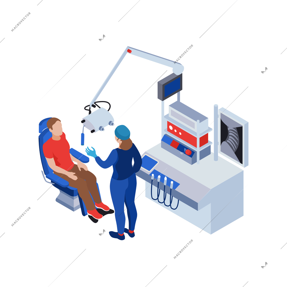 Human character doing medical checkup at otolaryngology clinic isometric vector illustration