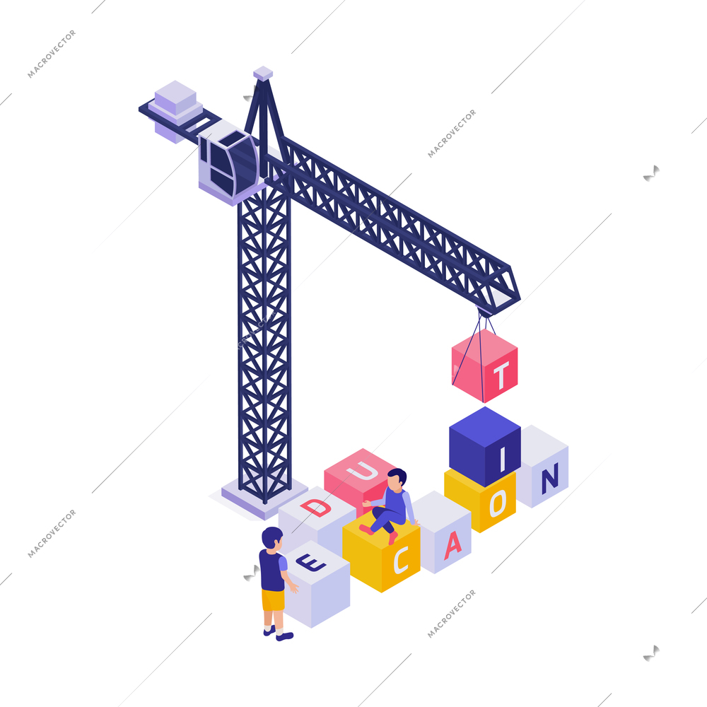 Pupils building word education with blocks isometric concept vector illustration