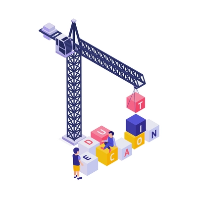 Pupils building word education with blocks isometric concept vector illustration