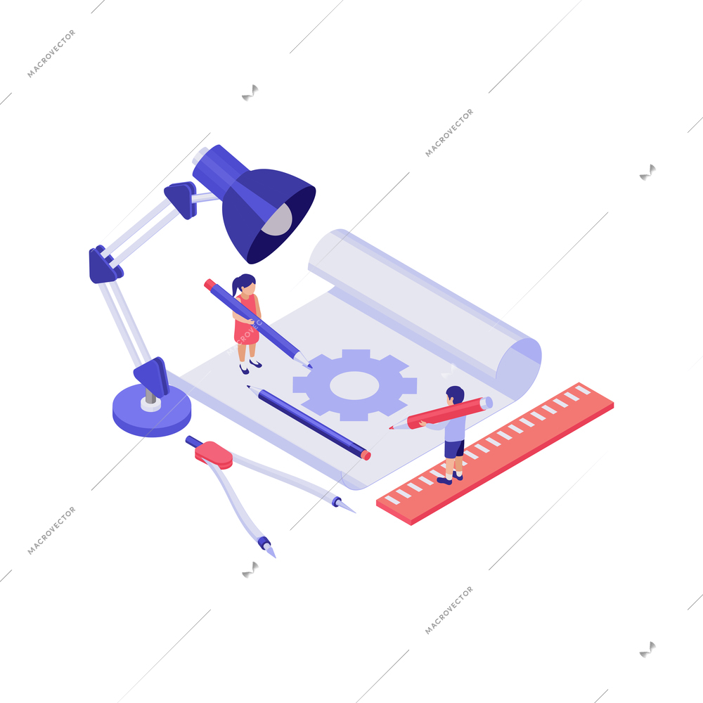Education concept with 3d characters of pupils and stationery isometric vector illustration