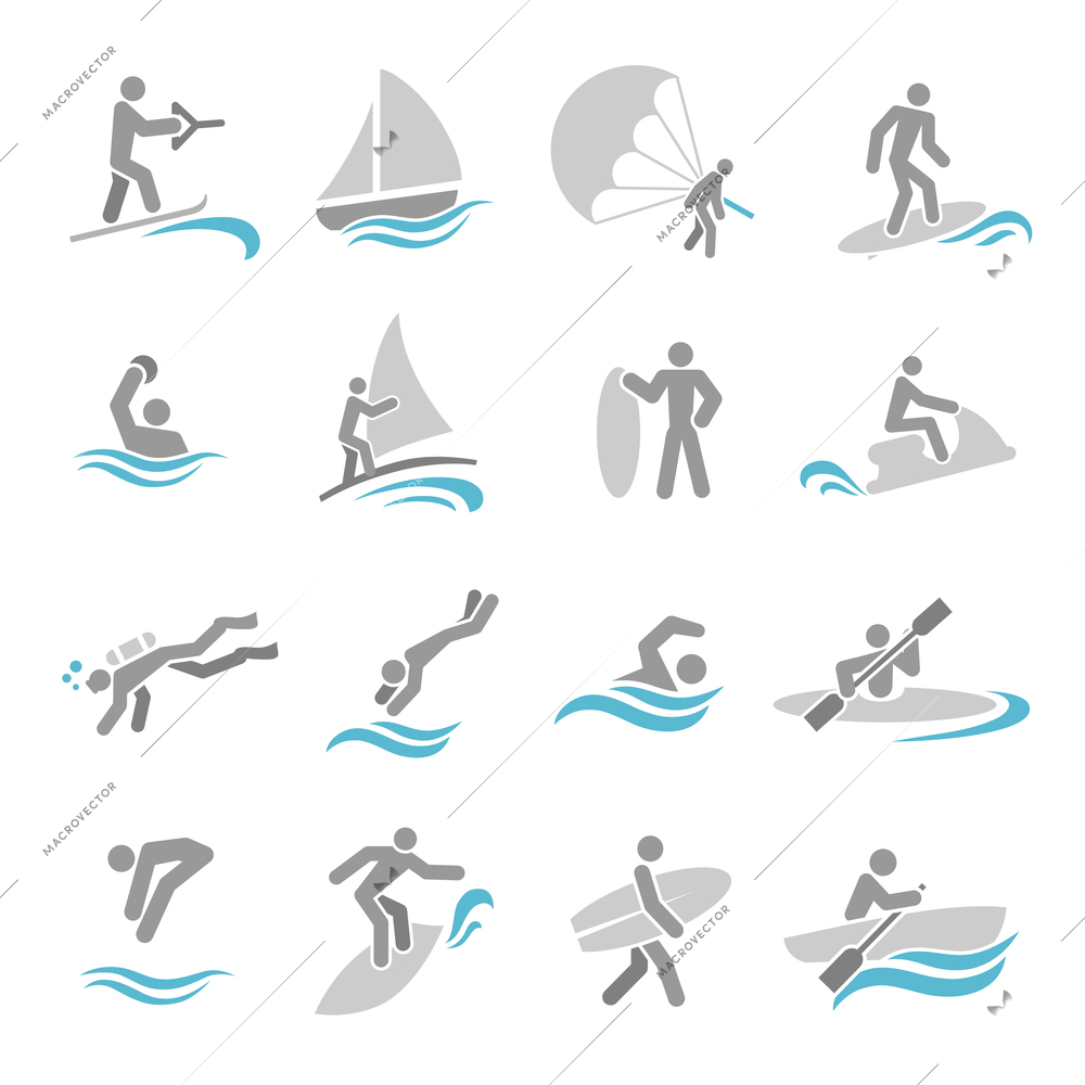 Water sports icons set with rowing rafting swimming people isolated vector illustration