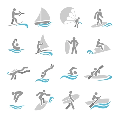 Water sports icons set with rowing rafting swimming people isolated vector illustration