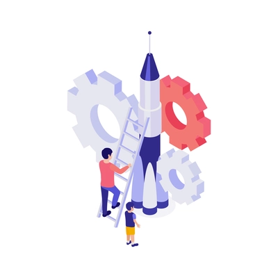 Isometric education concept with human characters rocket and cogwheels 3d vector illustration