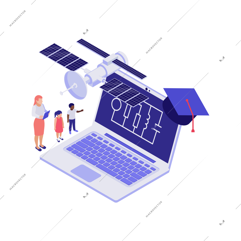 Isometric 3d education concept with laptop pupils teacher space station on white background vector illustration