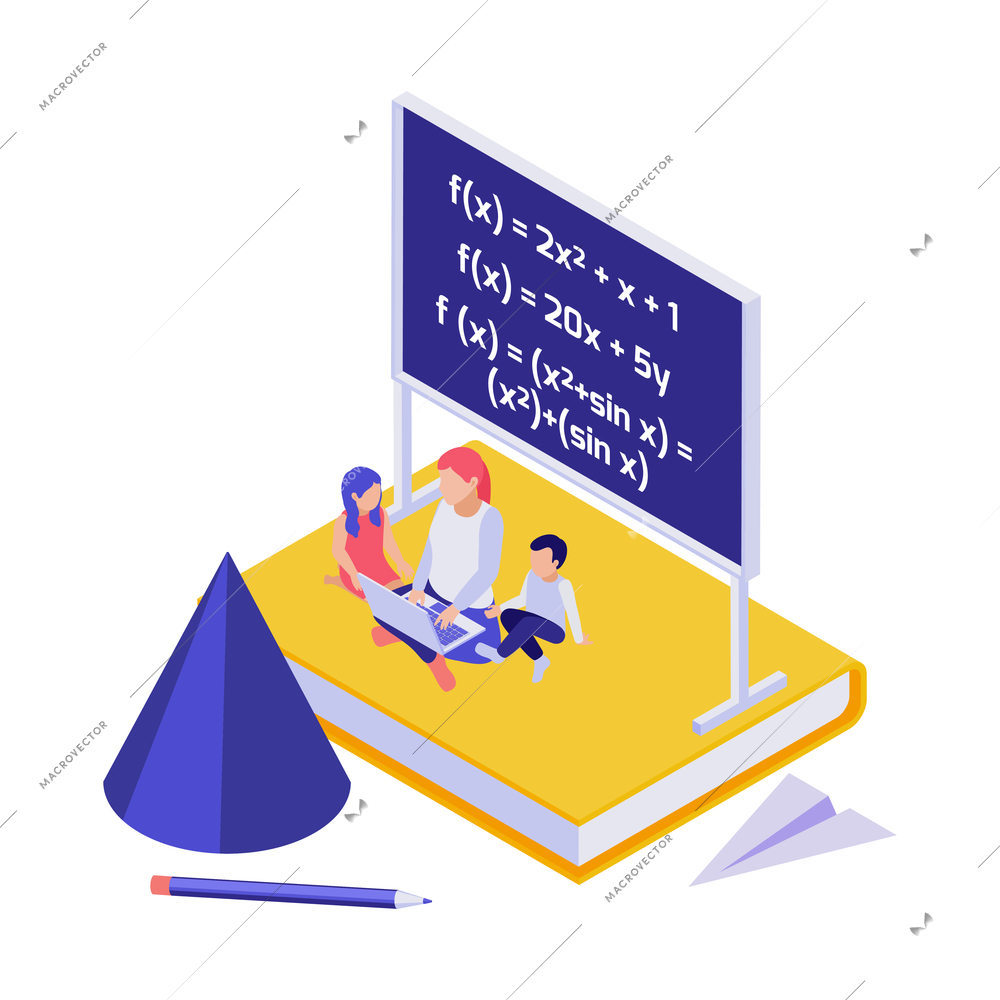 STEM education concept with woman and children doing mathematics isometric vector illustration