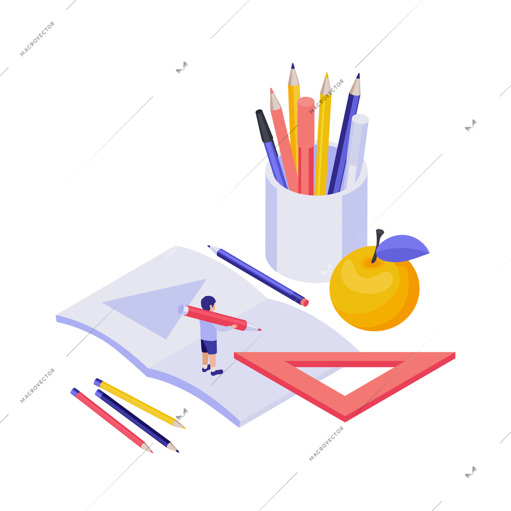 Education isometric concept with 3d pupil and stationery on white background vector illustration