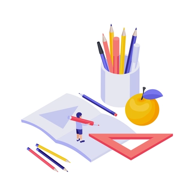 Education isometric concept with 3d pupil and stationery on white background vector illustration