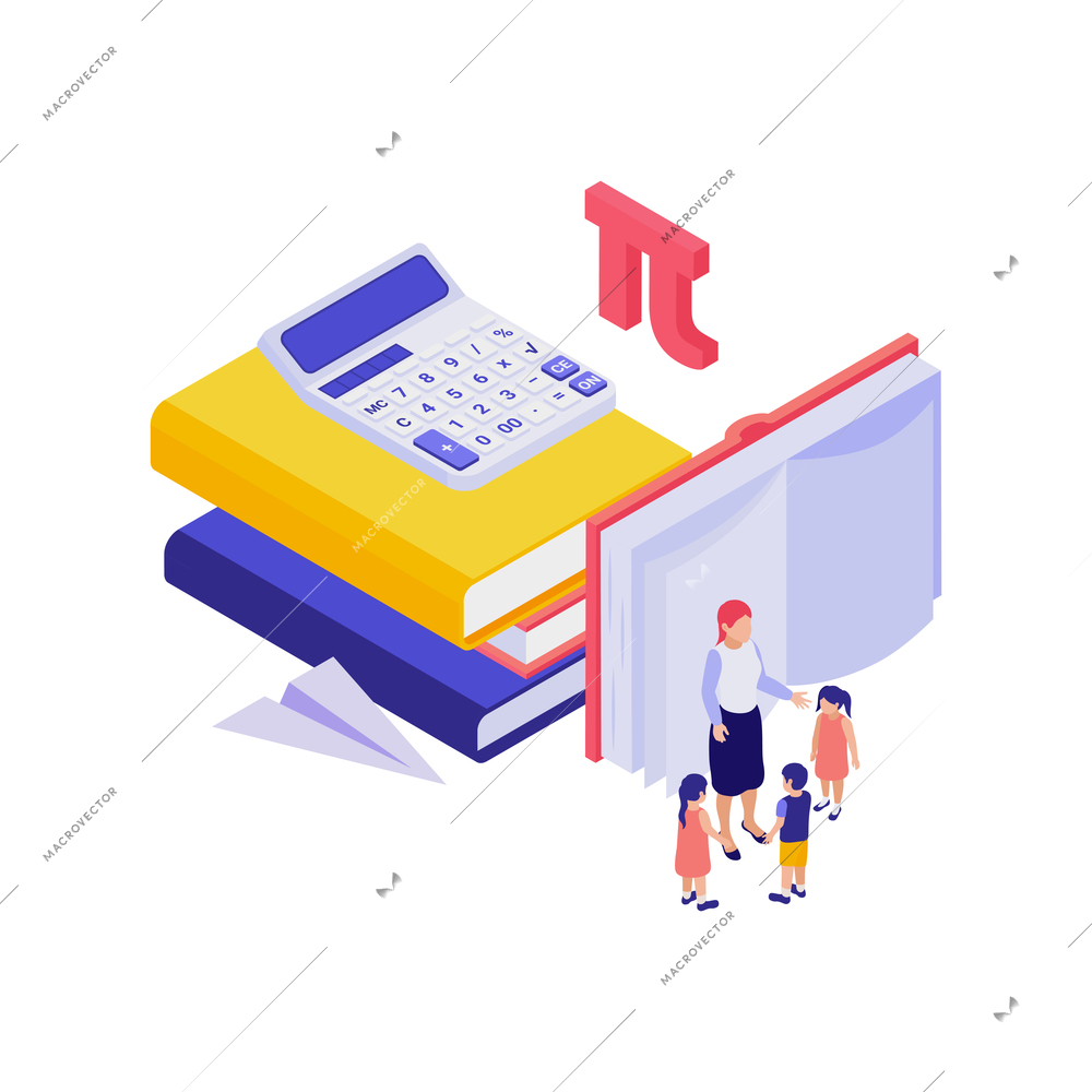 STEM education isometric concept with human characters books calculator vector illustration