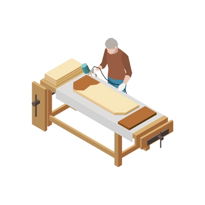 Carpenter measuring wooden plank isometric icon 3d vector illustration