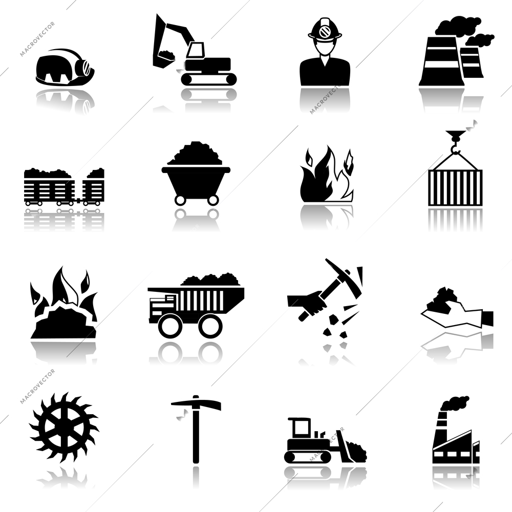 Coal machinery factory mining industry black icons set isolated vector illustration