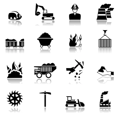 Coal machinery factory mining industry black icons set isolated vector illustration