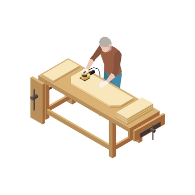 Carpentry isometric icon with man polishing wood 3d vector illusration