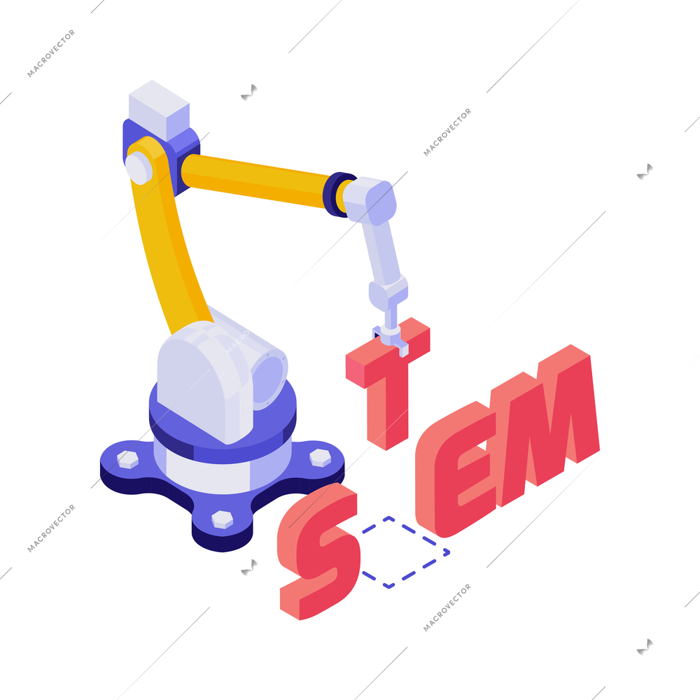 Automated robotic arm building word stem 3d isometric education concept vector illustration