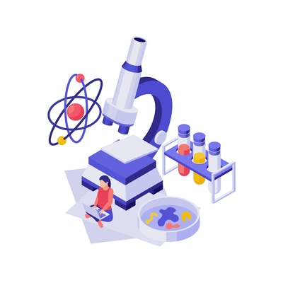 Isometric education concept with 3d science equipment and girl student vector illustration